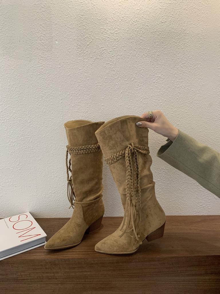 Pointed But Knee High Boots Women's Boots 2025 Autumn and Winter New Suede Retro Thick Heel Lace-up Long Tube Stacking Boots