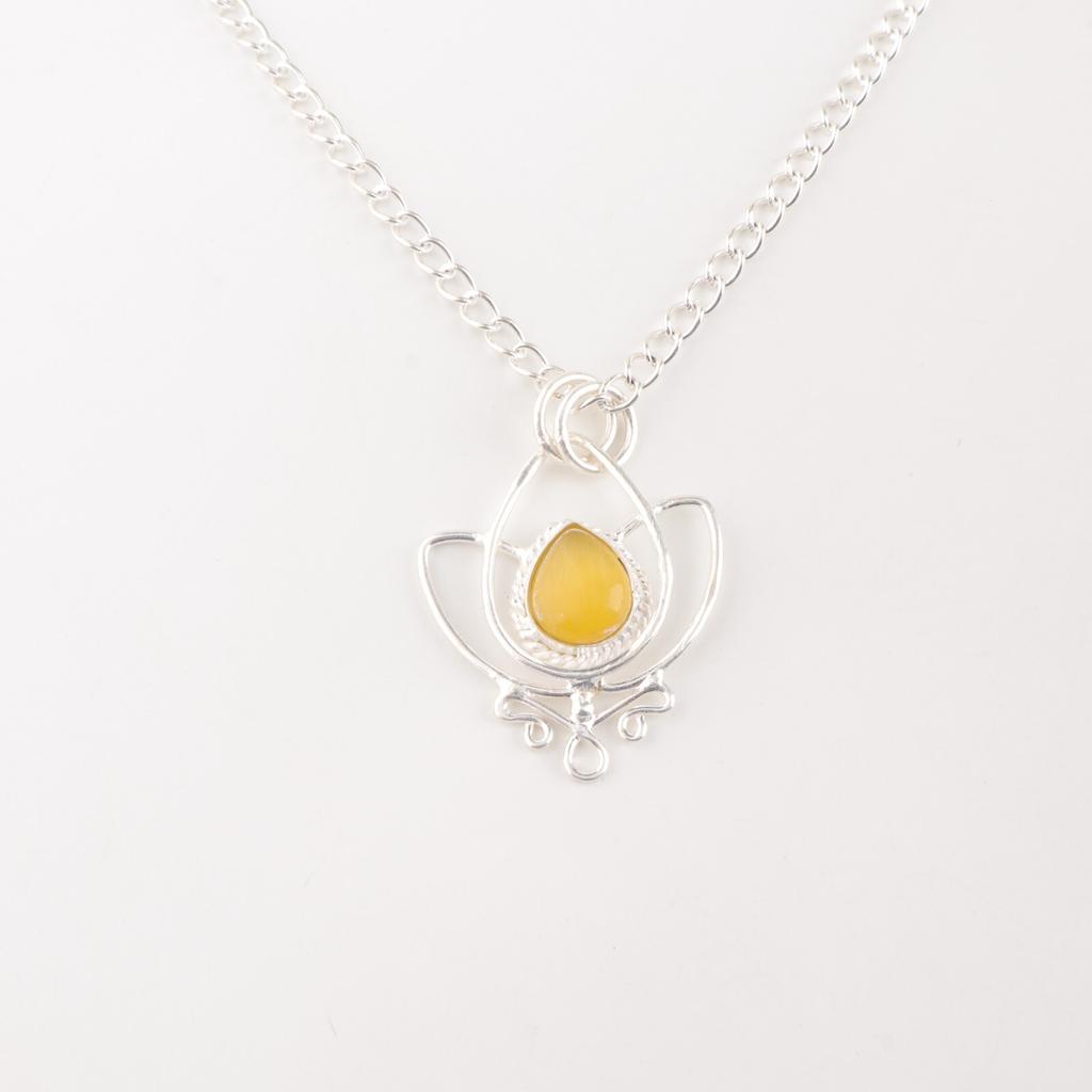Yellow Cat's Eye Gemstone 925 Sterling Silver Jewelry Handmade Designer Pendant PP-38-44
