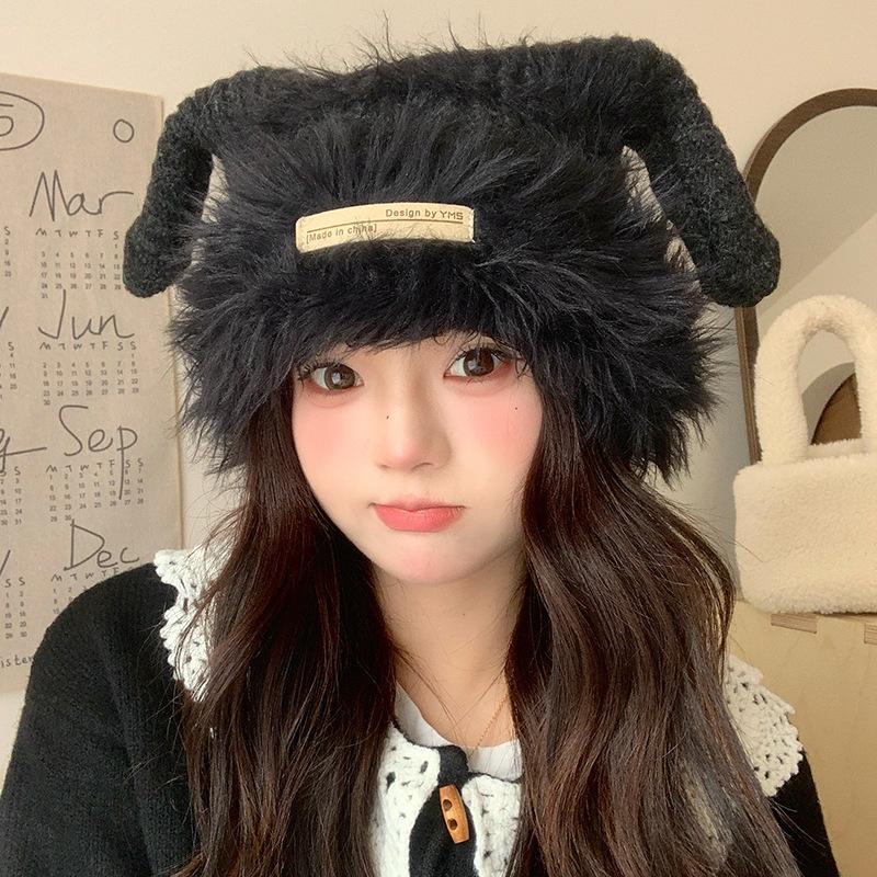 Plush Knitted Hat Autumn and Winter Korean Version Warm Ear Protection Cold Proof Woolen Hat Personalized Horn Big Head Cold Hat for Women