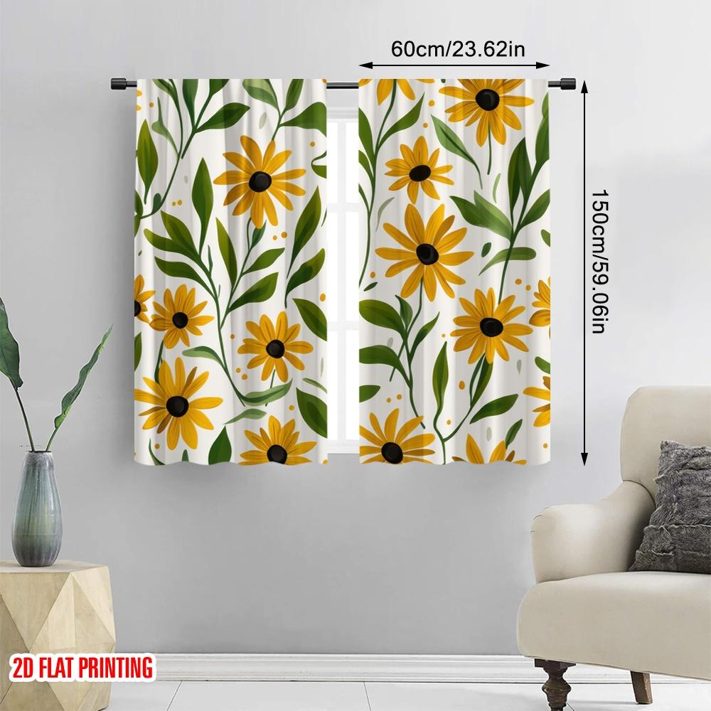 2pcs,2D plane printing Curtain Fabric Sunny Blooms Durable 100% Polyester Fabric (without rod) Holiday Use for Home & Office