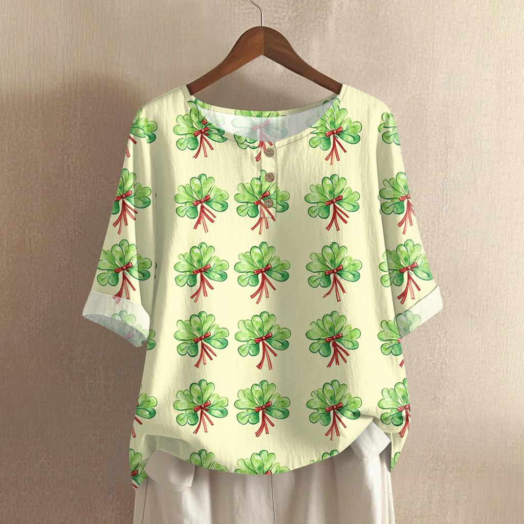 Women's Fashionable And Casual Shirt 3/4 Sleeve Round Neck Print Blouse Top