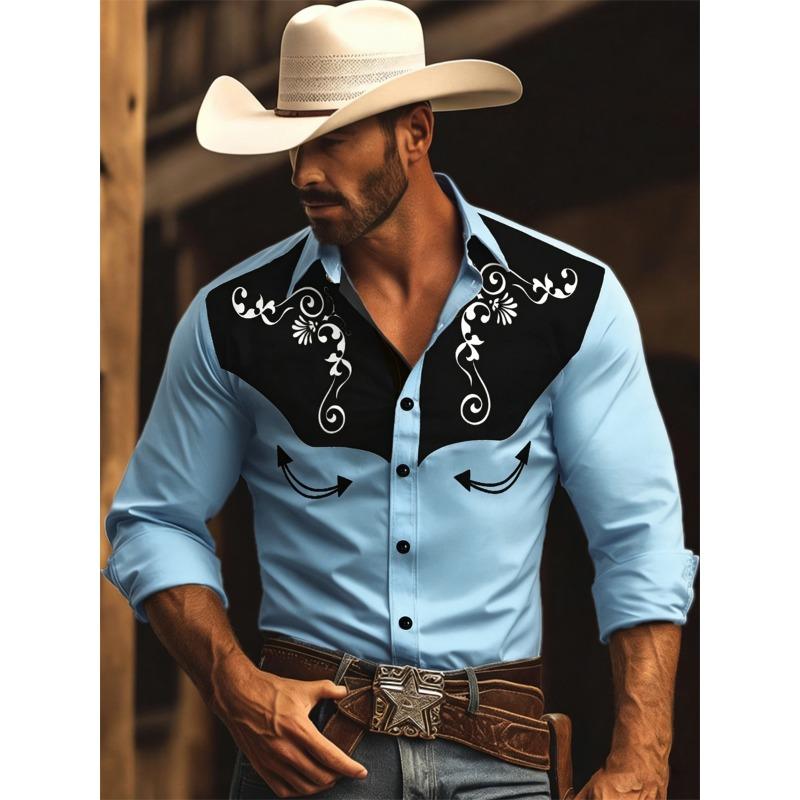 Nuova Camicia da Uomo a Maniche Lunghe, Stile Western Cowboy con Stampa a Fantasia Vintage, Top da Uomo alla Moda a Maniche Lunghe con Collo a Revers.