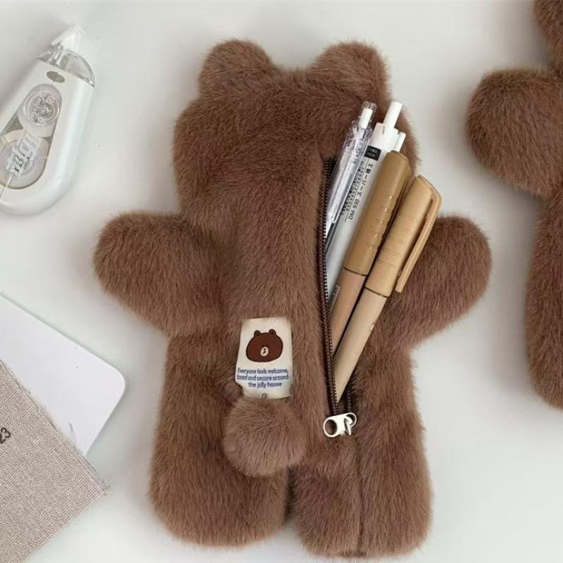 Cute Soft Plush Animal Brown Bear Large Capacity Pencil Bag Stationery Storage Bag Student Supplies Gift