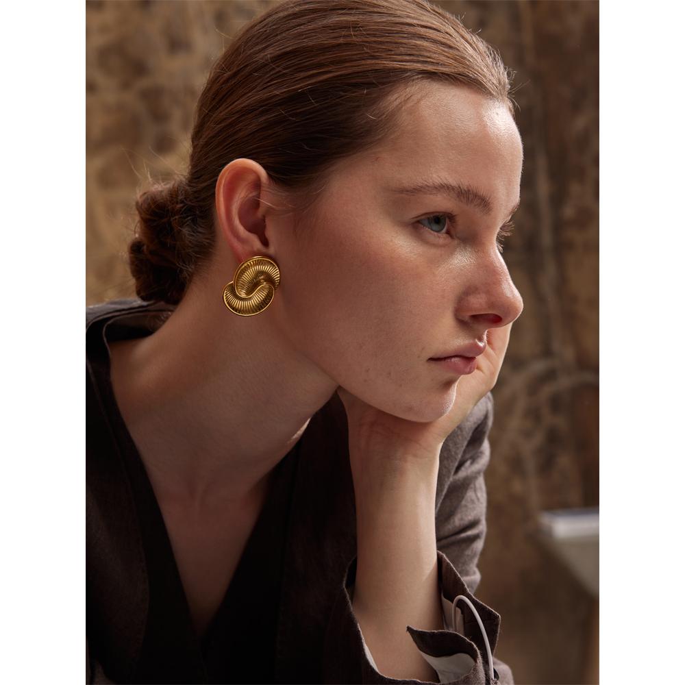 Yhpup 316L Stainless Steel Texture Waterproof Stud Earrings for Women Prevent Allergy Gold Color Creative Trending Jewelry Gift