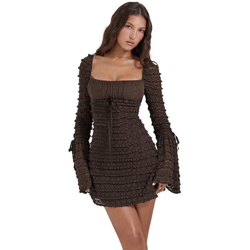 

Сексуальное платье 2023 Мода Женское Многослойное Кружевное Платье А-силуэта с Длинными Рукавами с Открытыми Плечами Талия Сексуальная Юбка Dark brown M