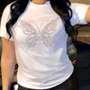 T-shirt d'été à manches courtes pour femme, imprimé papillon et diamant, décontracté
