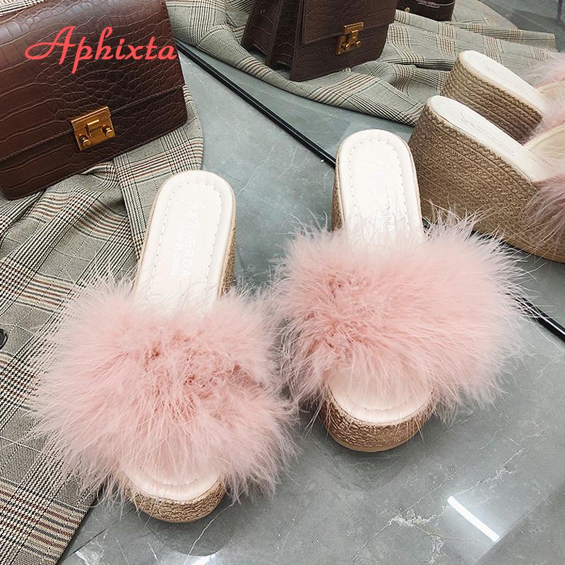Aphixta 9cm Heels Slides Women's Shoes Woman Slippers Faux Fur Slides Wedge Platform Women Shoes Beach Sandals Zapatos Mujer