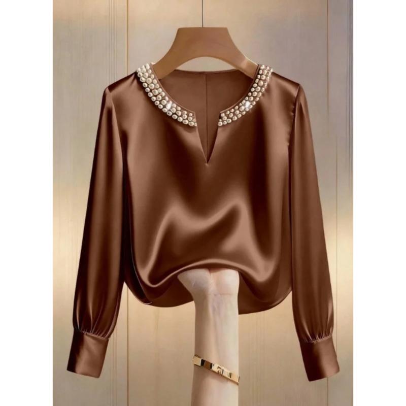 Bluză Satinată cu Mărgele, Decolteu în V, Mânecă Lungă, pentru Femei, Top Elegant Formal