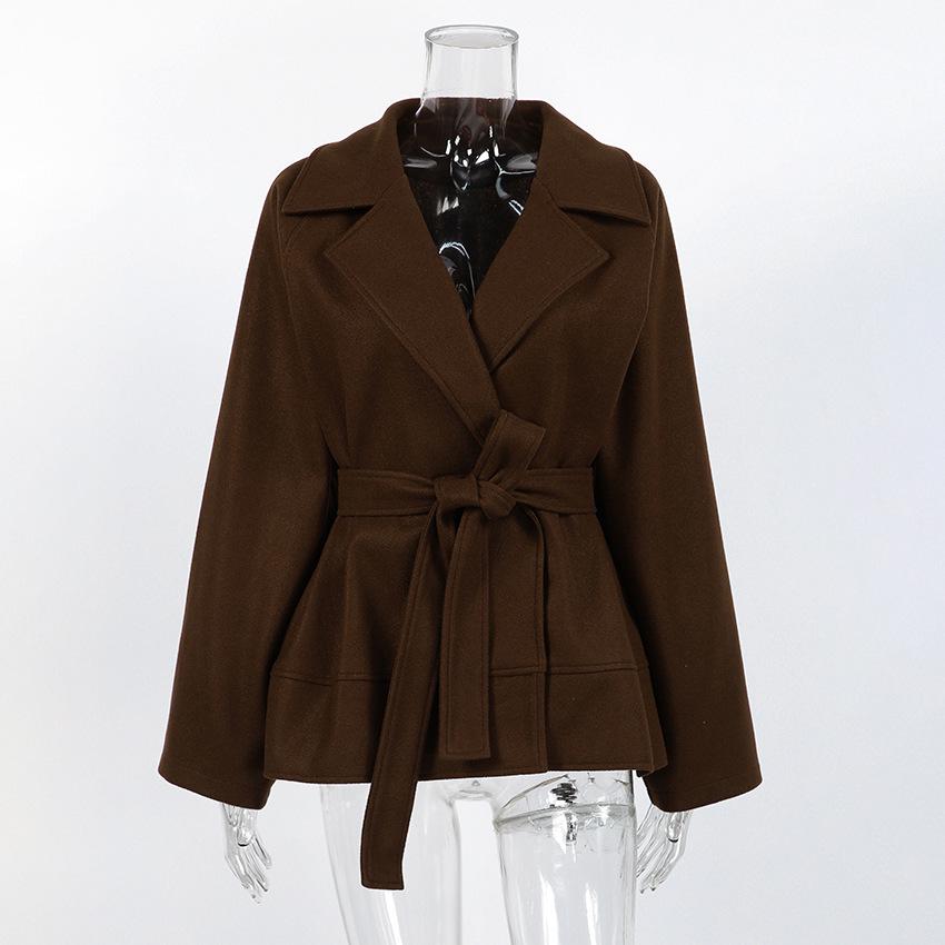 High-end Women's Autumn/Winter Woolen Coat with Versatile Waist Tie and Suit Collar