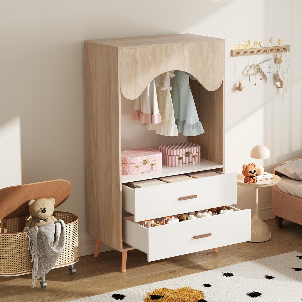 Children's Wardrobe, Wardrobe with Clothes Rail, with Drawers, Open Wardrobe, Solid Wood Handles, Made of Chipboard, White+natural Wood, 80×46×141,5cm
