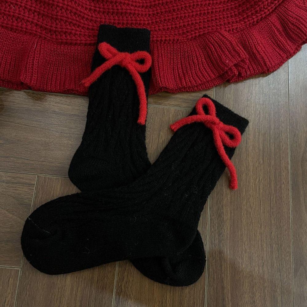 

Y2K Middle Tube Socks Female Hosiery Winter Calf Socks New Year Red Bow Socks Autumn and Winter чёрный