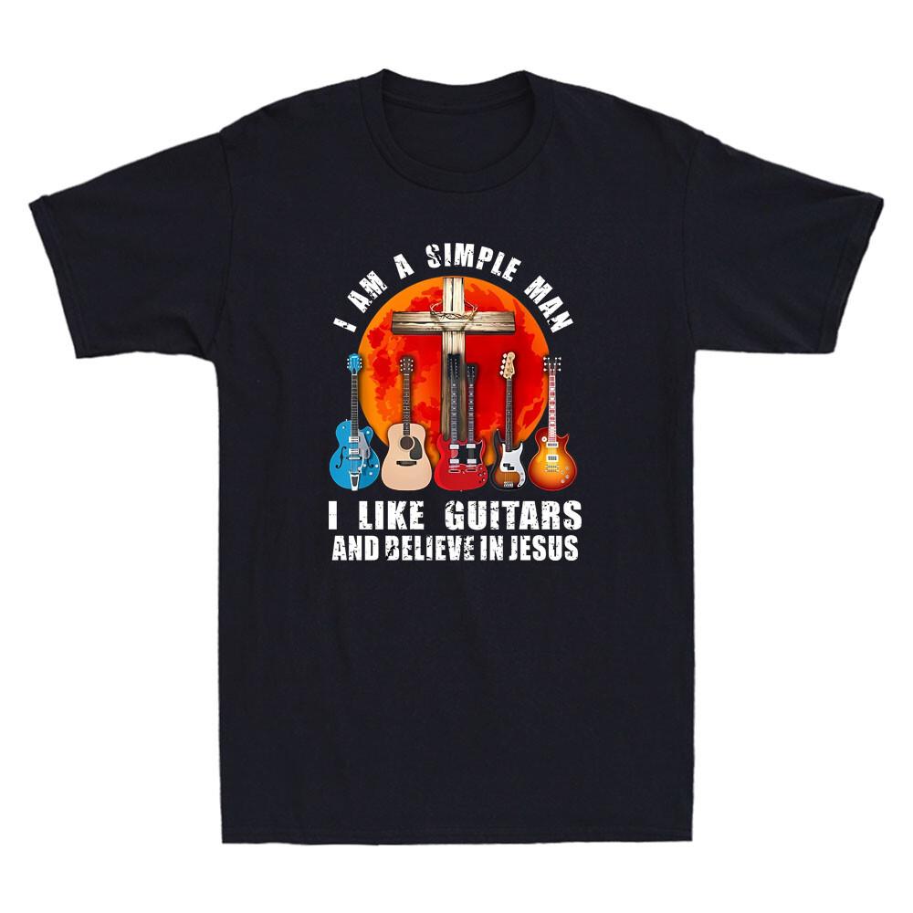 I m A Simple Man I Like Guitar And Believe In Jesus Retro Sunset Men s T-Shirt S