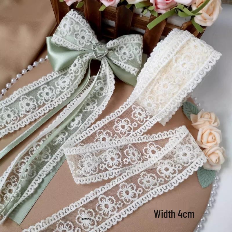 Beige 4cm Embroidered Lace Trim Bow for Hair Accessories, Lolita Ornaments, Bouquet Decoration, Ribbon Craft.