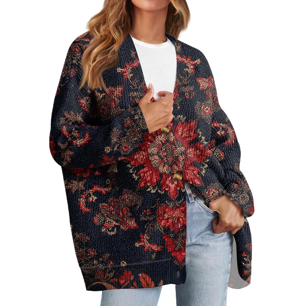 Women's Fashion Long Sleeve Print V-Neck Button Loose Cardigan Top