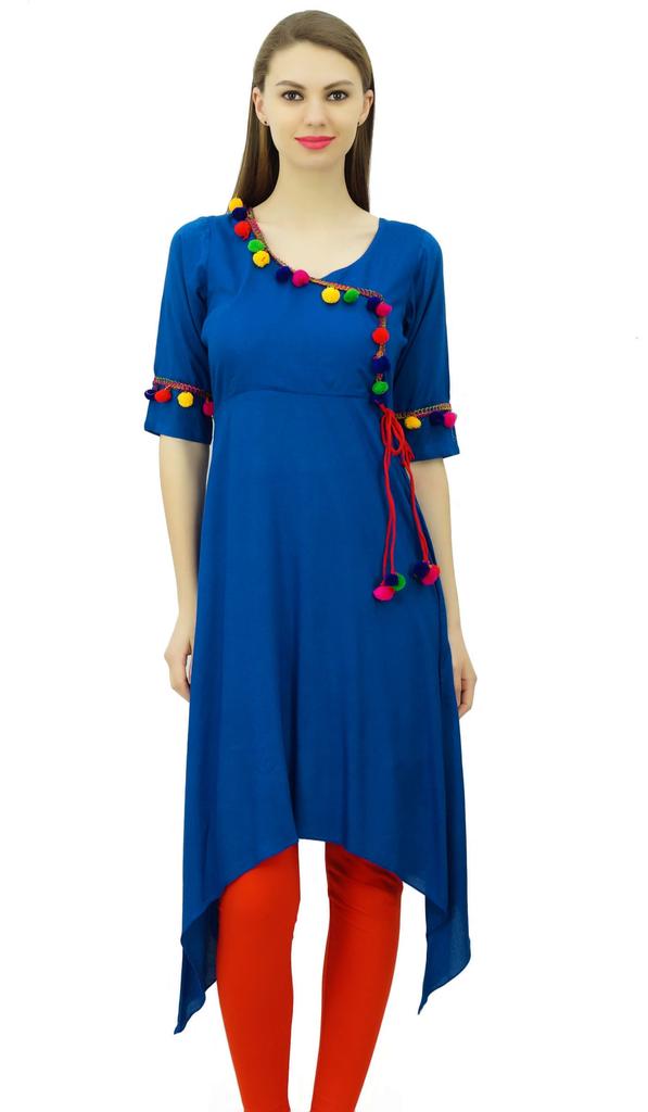 Phagun Angrakha Style Rayon Womens Tunic Kurta Pom-Pom Designer Kurti Top Indian