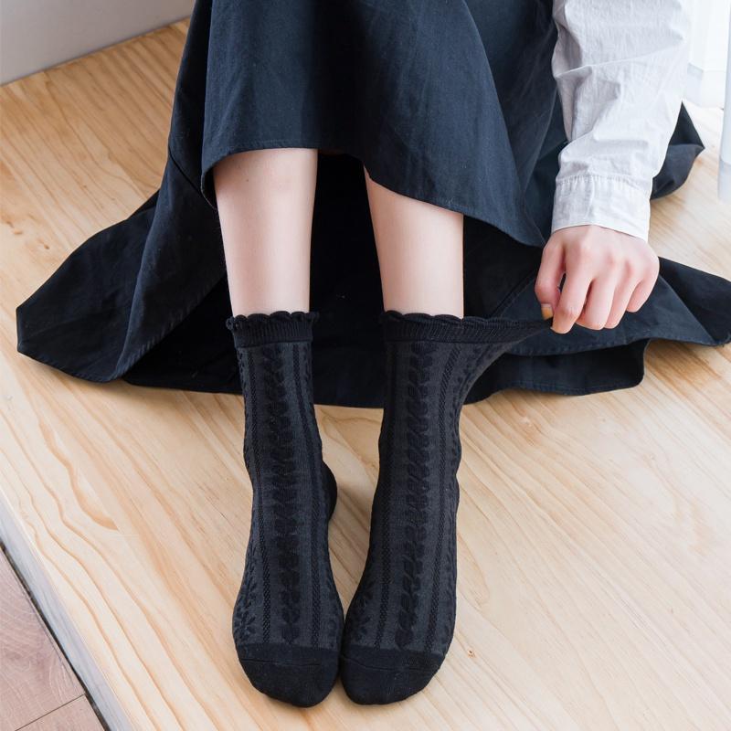 Womens Socks Ruffle Turn-Cuff Mid Cut Ankle Crew Socks All Season Soft Knit Cotton Socks Solid Color Lettuce Dress Sock