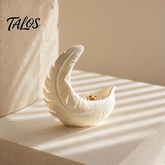 Warm Touch Home Accessory 3D Printed Feather & Crescent Moon Trinket Dish, Silk White Matte Decorative Design Storage Bowl, Artistic Multi-Functional