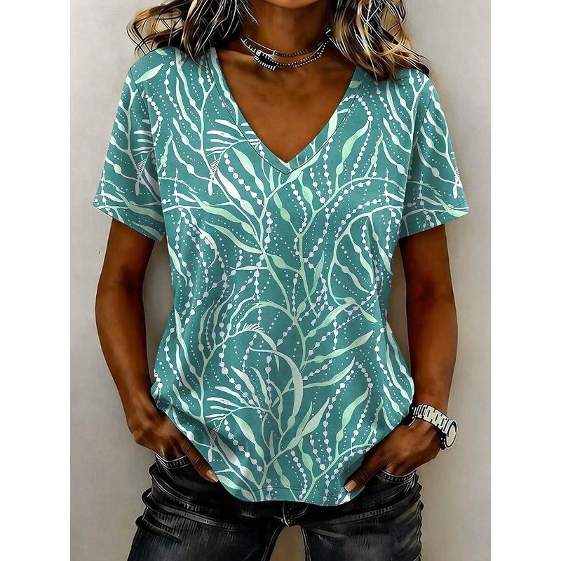 Women's T Shirt Print Graphic Plants Abstract Stylish Classic Casual Short Sleeve V Neck Regular Tops
