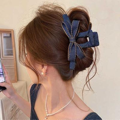 Autumn Winter Denim Bow Hair Claw Clip for Women, High-End Hair Bun Shark Clip, 2025 New Large Size Back Hair Accessory