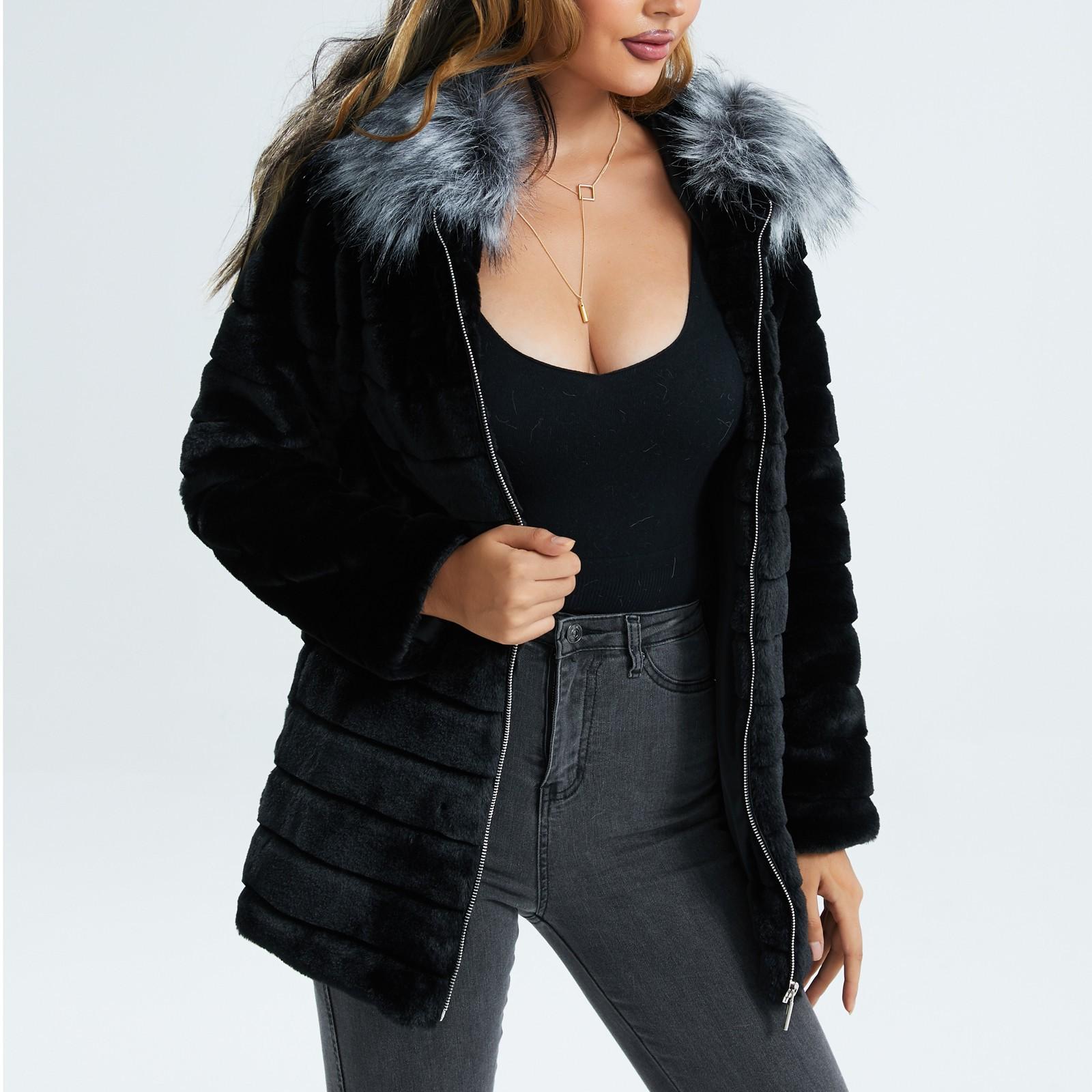 

Женская и зимняя однотонная плюшевая куртка с капюшоном на молнии XXXL чёрный