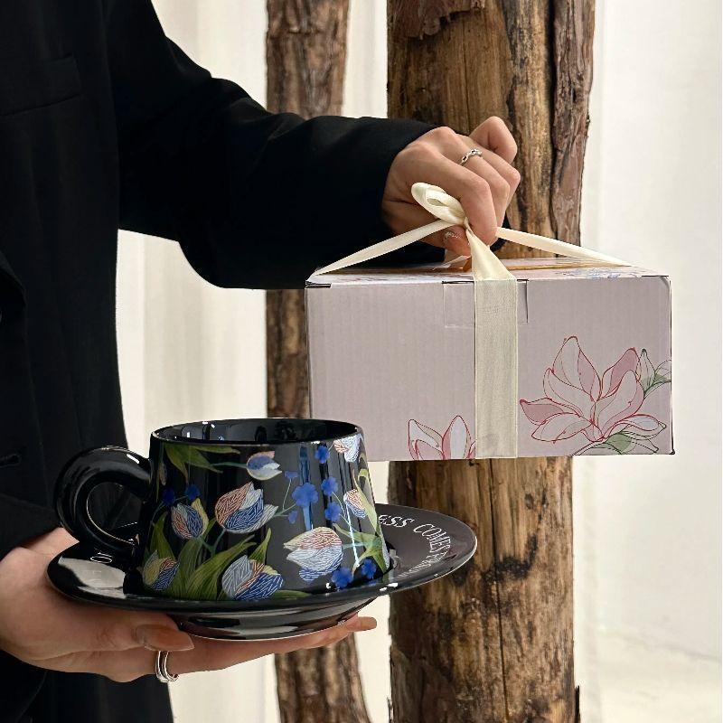 Retro Contrasting Iris Ceramic Coffee Cup Saucer Set Afternoon Tea Latte Cup Birthday Gift Souvenir Gift Box