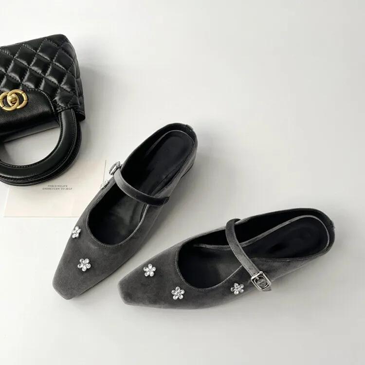 Fashion French Rhinestone Flower Baotou Half Slippers Women Wear Outside To Increase The Square Head Temperament Single Shoes