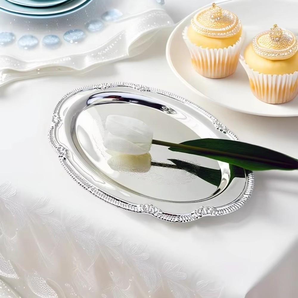 New Embossed Silver Tray Silver Oval Storage Tray Snack Plate Dining Table Decoration