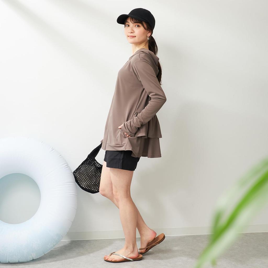 Rash Back Frill Over UV Brown Size Size L Spo-Pan Women's Guard, Hoodie, Amphibious, 95% Protection, Moisture-Wicking, Quick-Drying, Beige, 314061,