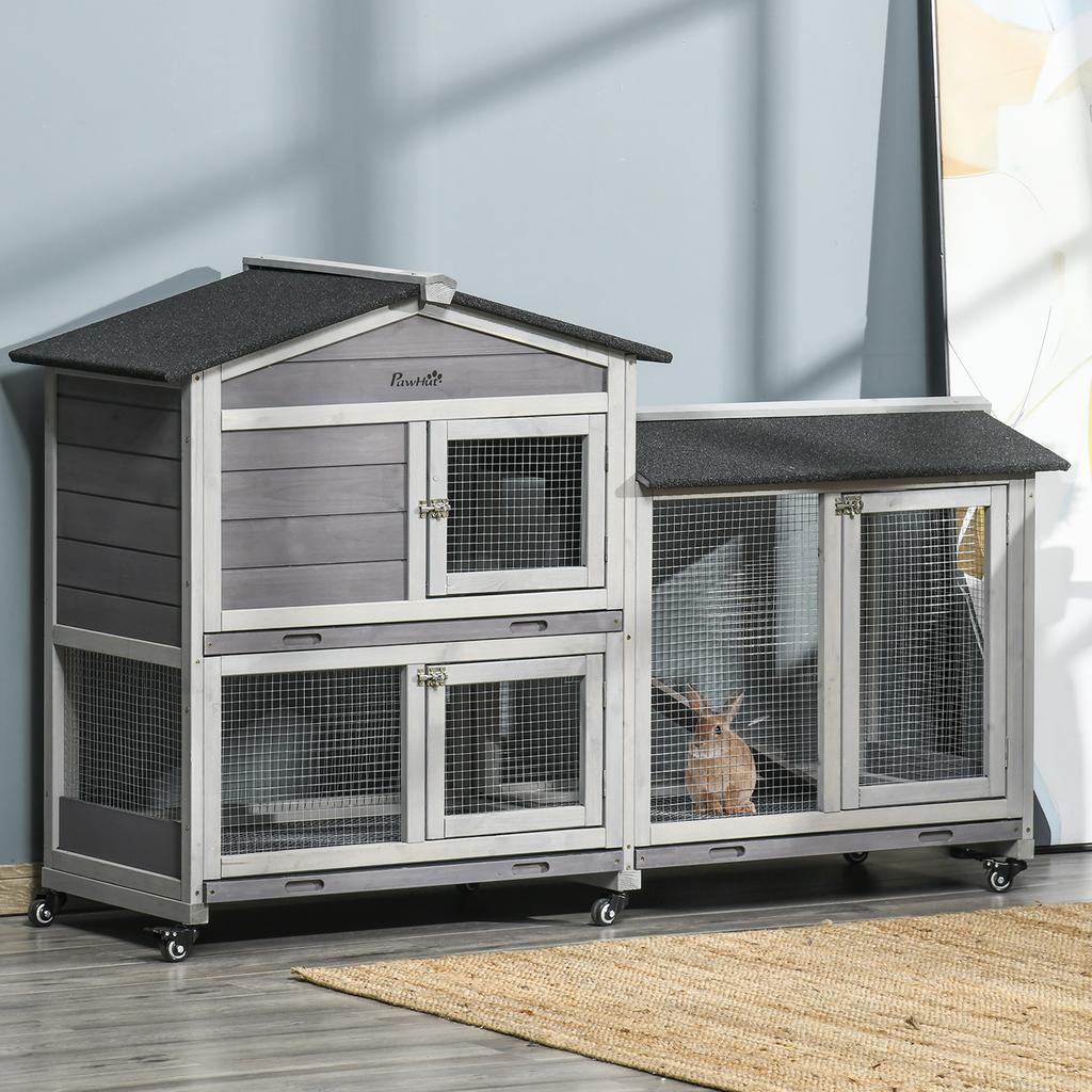 Wooden Rabbit Hutch, Guinea Pig Cage, with Wheels, Run, Slide-Out Tray, Ramp