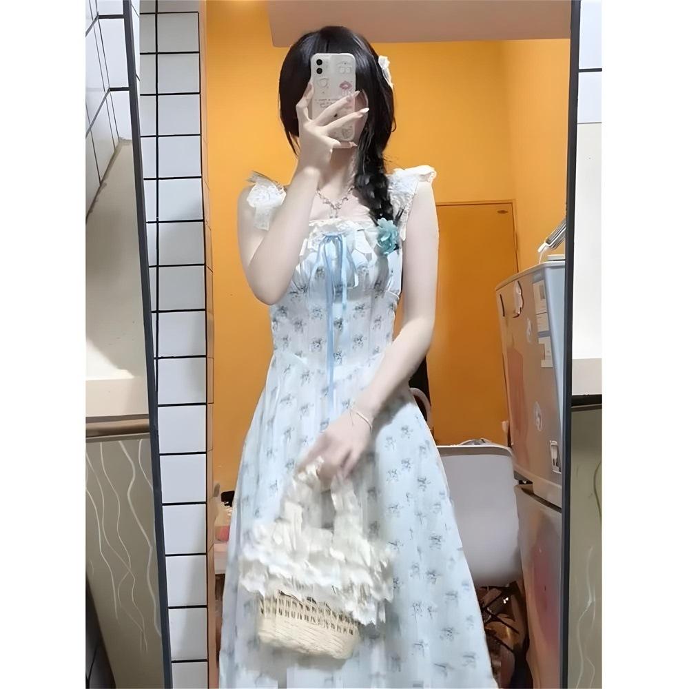

Lace edge splicing small flying sleeves floral dress lace-up square collar waist beautiful small skirt vacation style Tyndall skirt XL- (recommended 110-60kg)