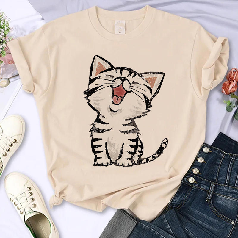 Funny Cute Cat Vintage Tee Shirt Aesthetic Y2k Tops Harajuku Graphic Ulzzang T-shirt Women Men Graphic T shirt Streetwear Female