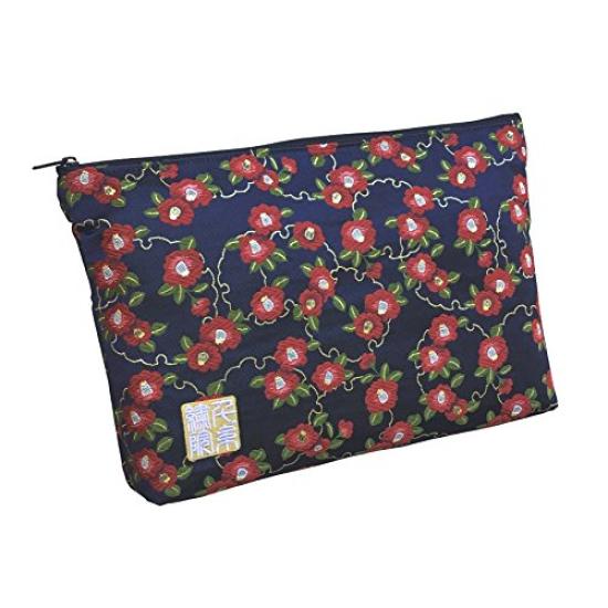 Senshishuin Nishijin Brocade Stamp Book Case Navy Blue Camellia Pouch/Shrine (Lined) Snow-Wrapped (Size L)