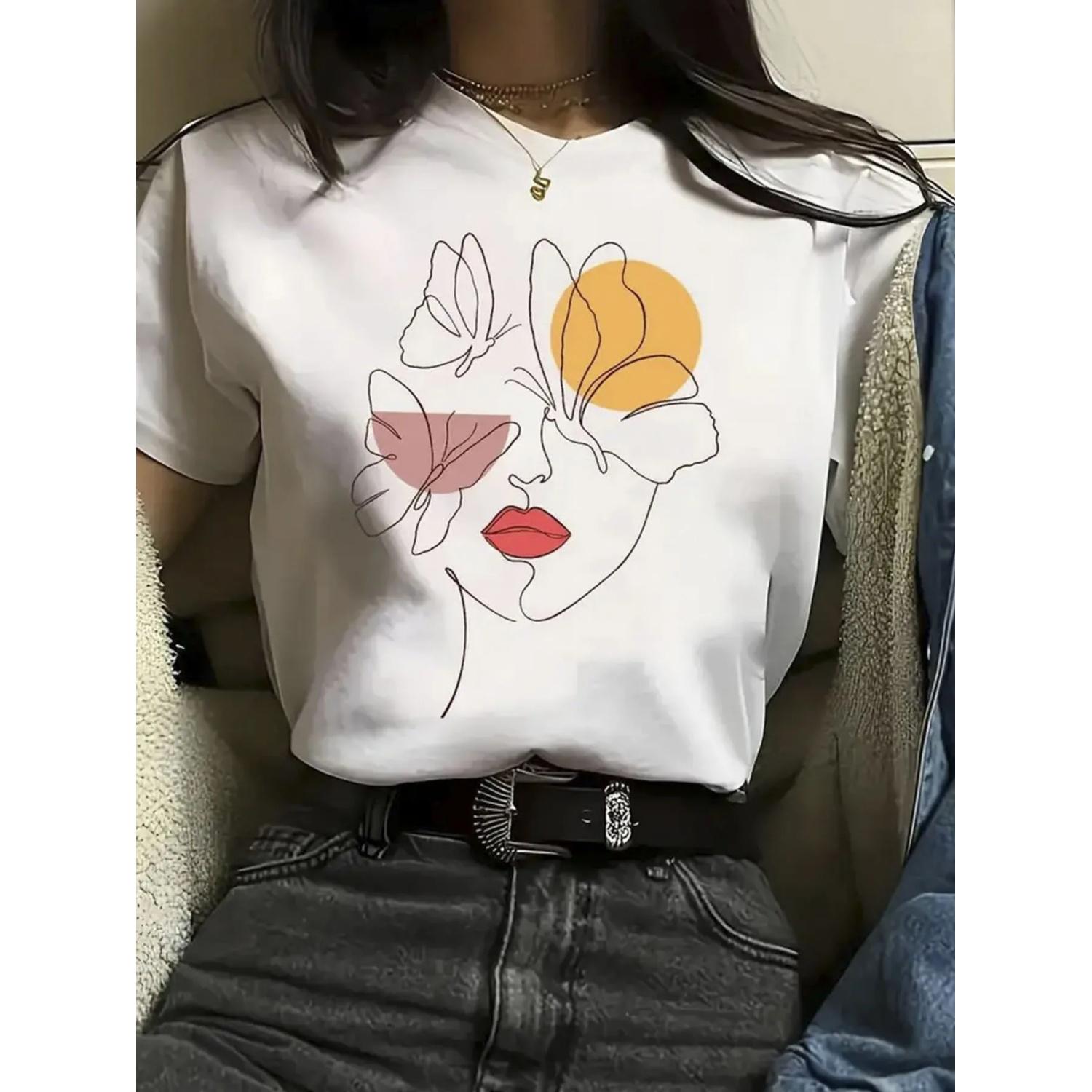 

Women s 100% Cotton Floral Print T-Shirt Casual Round Neck Short Sleeve Tee with Artistic Flower Design XXXXXL білий