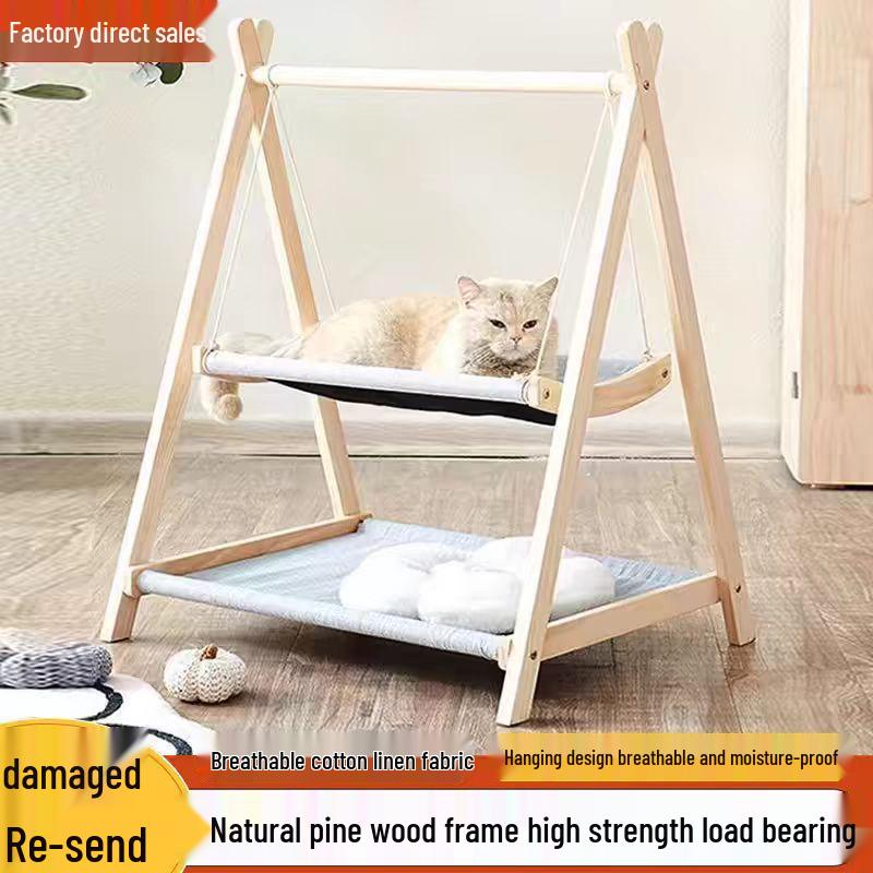 Solid Wood Hammock Bed for Small Pets - Elevated, Removable, and Washable. Perfect for Dogs, Cats, and Rabbits. Suitable for all Seasons.