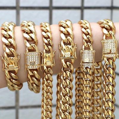 Hip Hop Jewelry Luxury 18K PVD Gold Plated Filled 316L Stainless Steel Waterproof Miami Cuban Link Chain Necklace