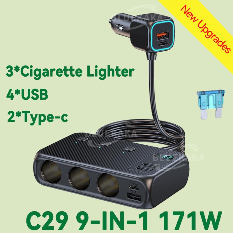171W/128W Car Charger Adapter 9 In 1 Cigarette Lighter Splitter PD30W/QC 3.0 Independent Switches USB Type C Cigarette Outlet