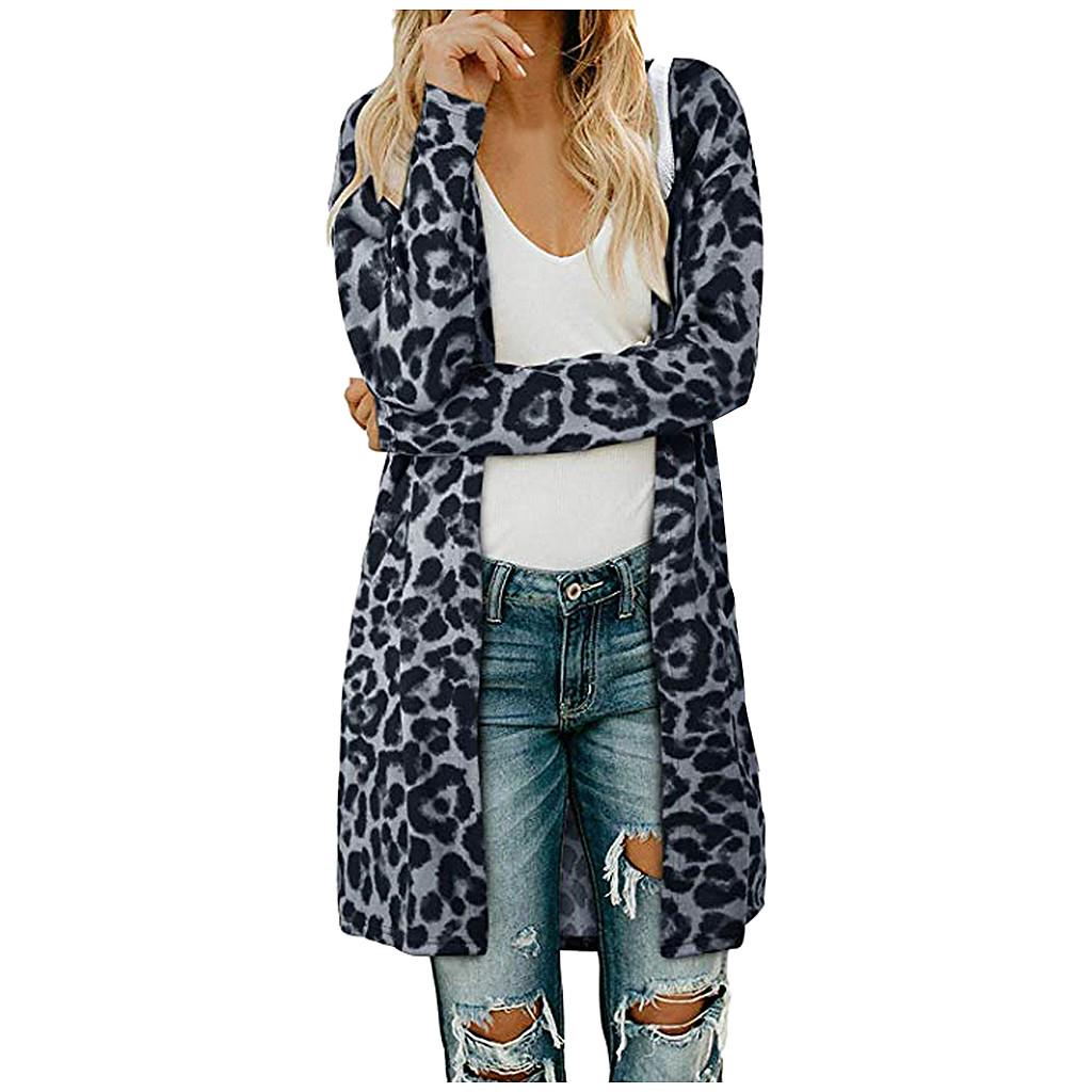 Women's Open Front Leopard Cardigan Pockets Long Sleeve Lightweight Sweater Coat