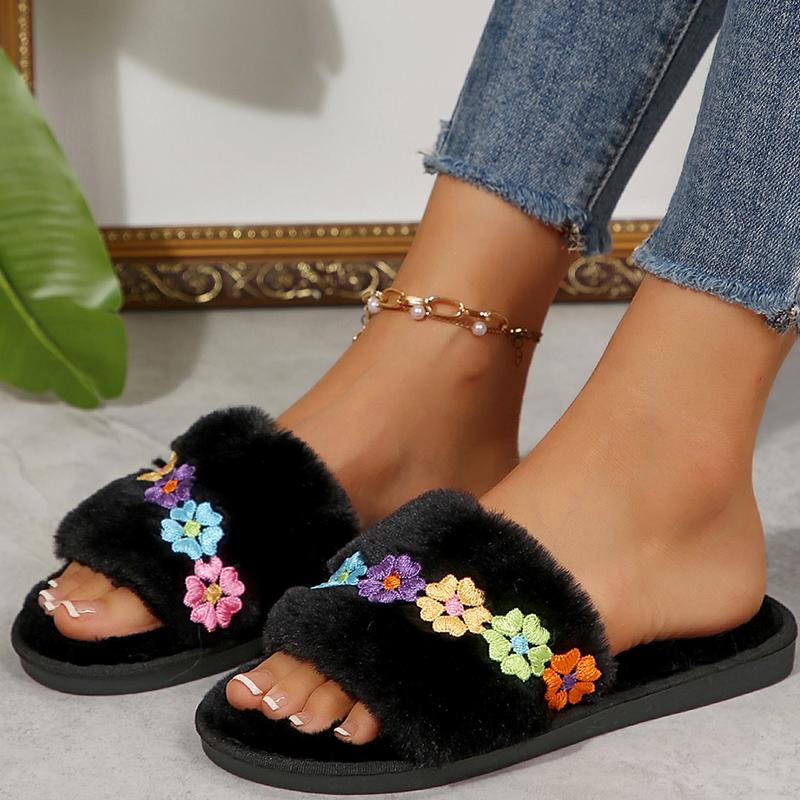Fashion Flower Embroidery Plush Slippers Women Soft Black Faux Fur House Cotton Slides Woman Indoor Non Slip Flat Heel Fur Slippers Lady