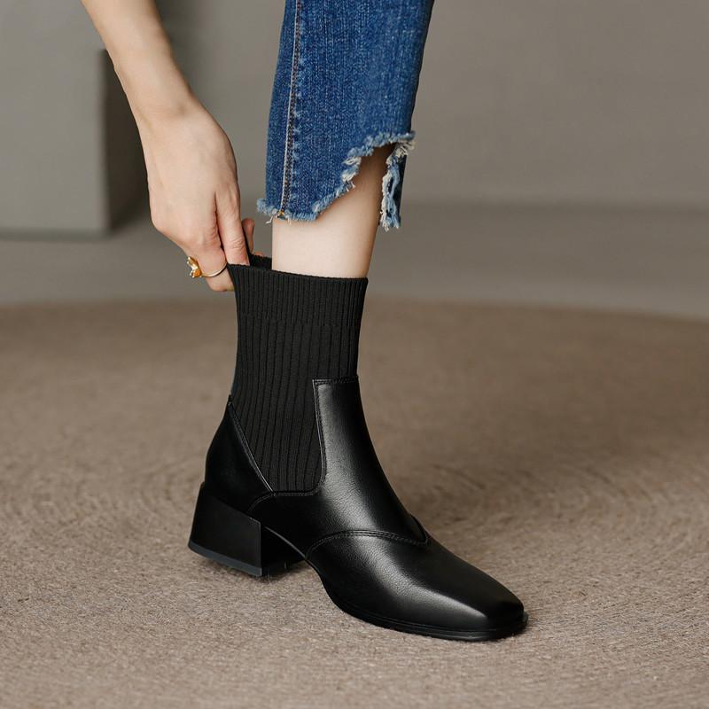 Chelsea Boots Autumn and Winter New Elastic Knitted Thin Boots Square Heel Elastic Boots