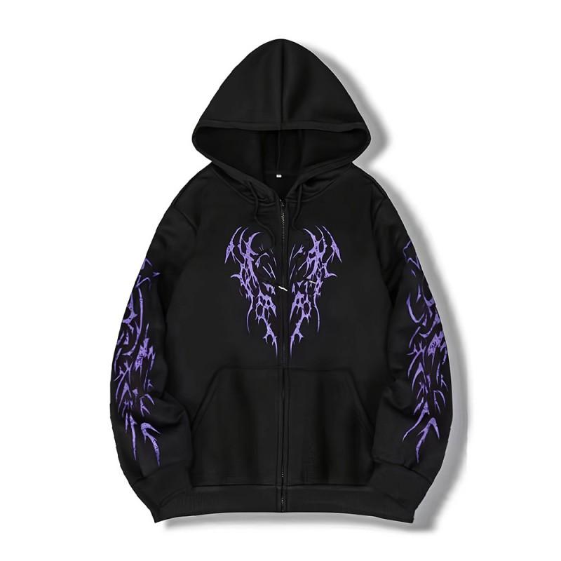 Y2K Streetwear Hooded Zip-Up Sweatshirt Teens Loose Fit Fall Casual Graphic Print Pullover