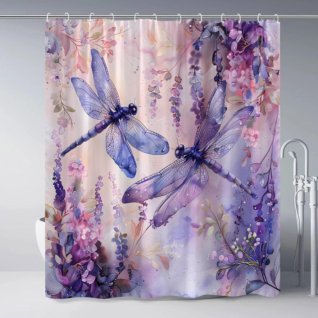 Dragonfly Shower Curtain Rustic Farmhouse Watercolor Floral Spring Purple Flowers Funny Polyester Bathroom Decor Curtains Set