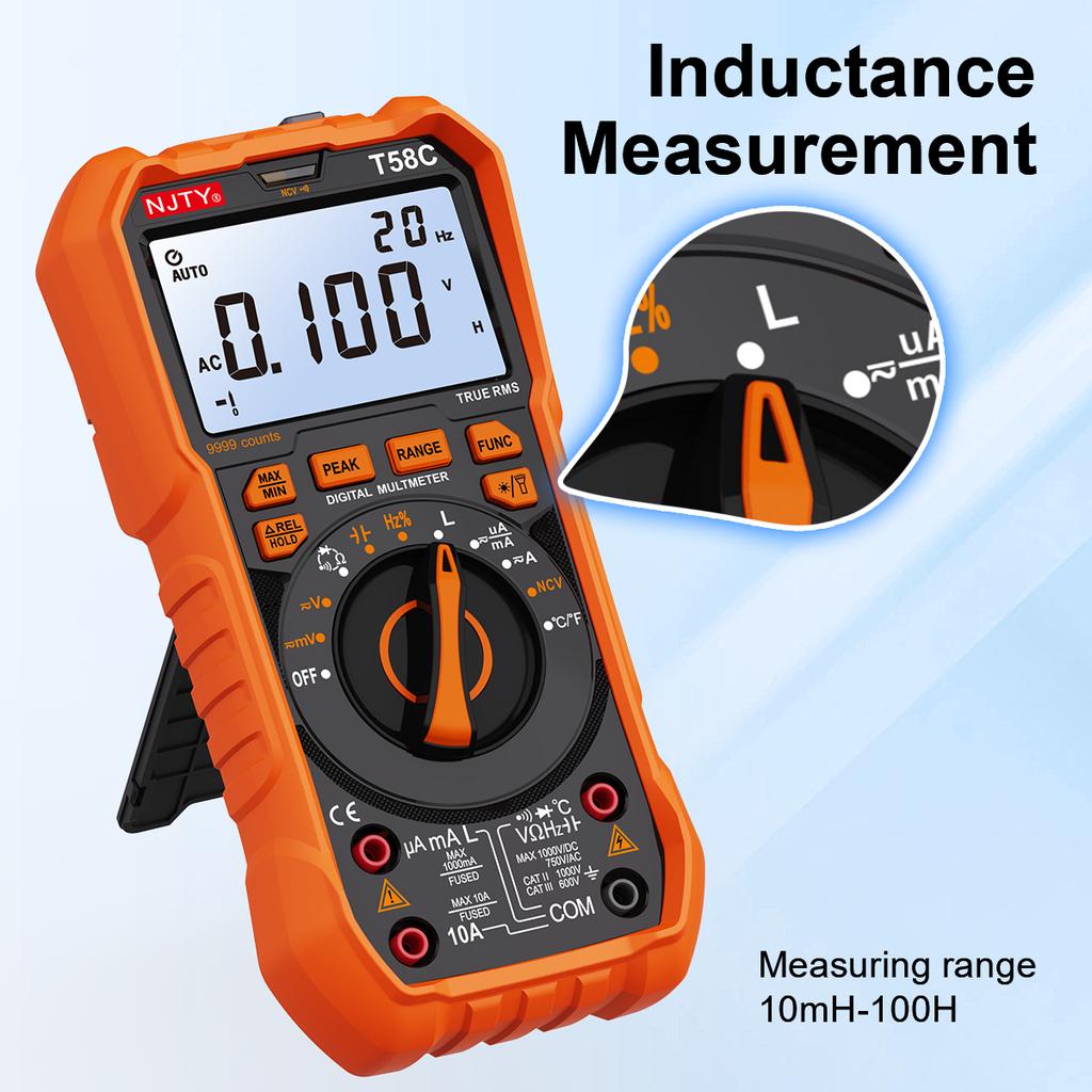 NJTY T58B T58C Inductance Digital Multimeter AUTO Range 9999 Counts Voltage Current Capacitance LED Smart Backlit Large Screen