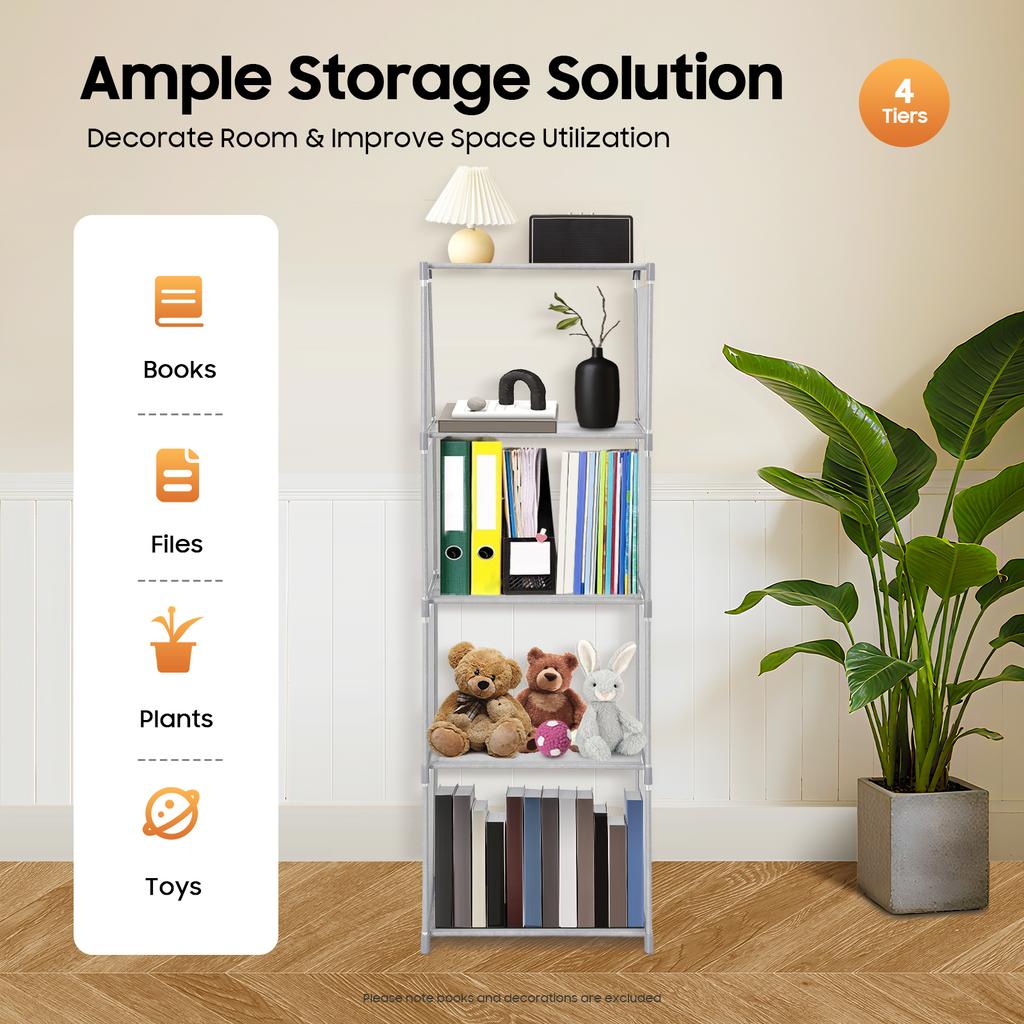 4-Tier Bookshelf, Modern Storage Shelf Organizer for Living Room Office, Sturdy Metal Frame, 8kg Load Capacity per Tier