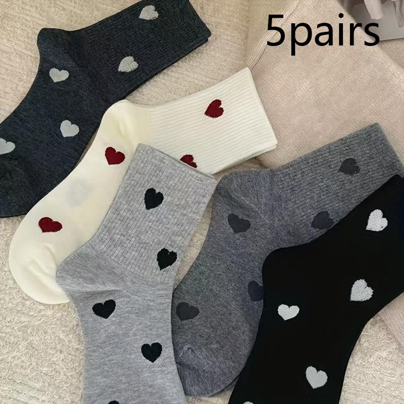 5/10 Pairs of Comfortable Mid-calf Women's Socks, Heart-shaped Patterns, All-season Socks, Binoculars, Versatile Women's Socks