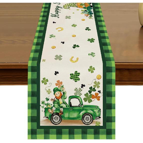 St.Patrick's Day Green Shamrocks Buffalo Plaid Table Runner 13x72 Inch Spring Holiday Clover Kitchen Dining Table Decor for Indoor Outdoor Farmhouse