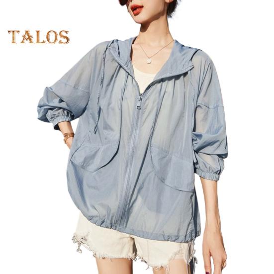 Sonnenschutzkleidung für Damen, mit Kapuze, Kordelzug, langärmelig, Sommermantel mit Taschendekoration, Sonnenschutzkleidung