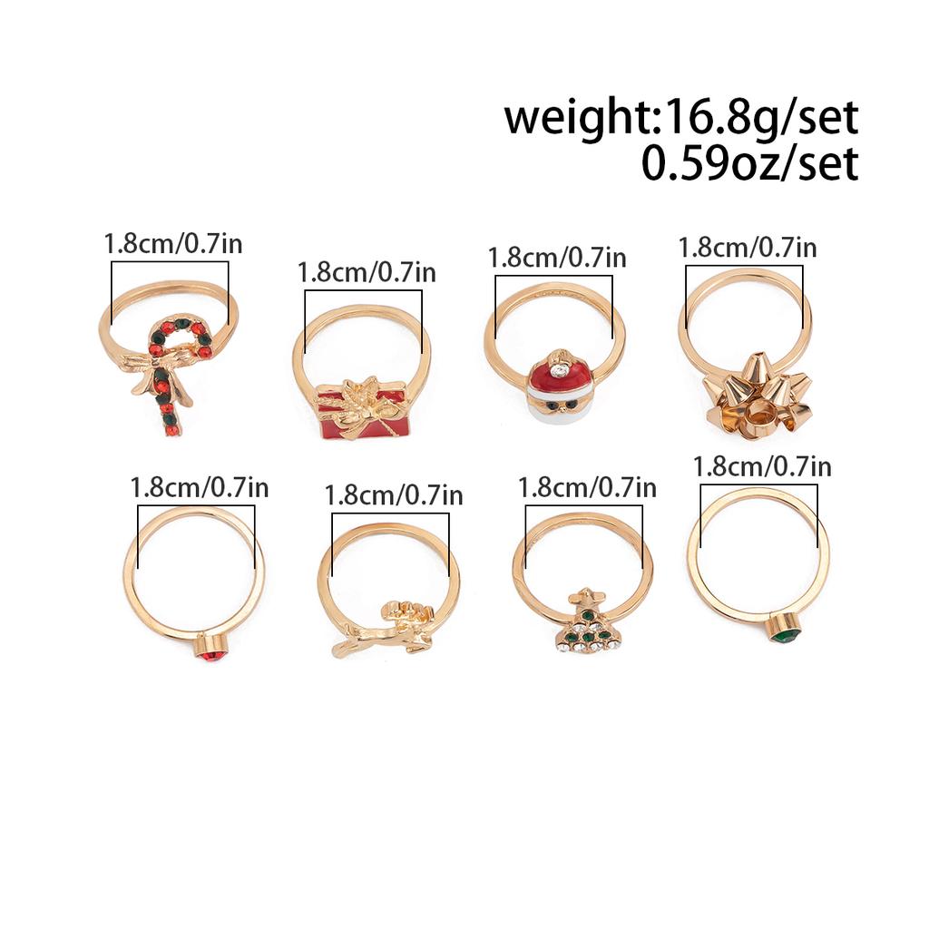 SHIXIN 8pcs Cute Christmas Tree Snowman Elk Rings Set Women Creative Rhinestone Gold Color Finger Rings Jewelry Gift Accessories