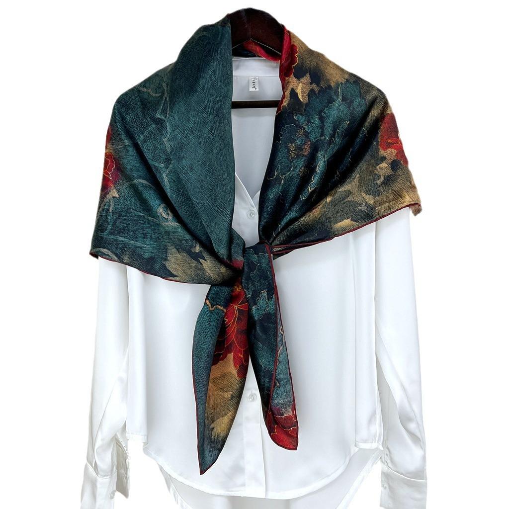 Elegant Chinese Style! Silk Silk Scarf Women'S Winter Flower Group Splendid Mulberry Silk Scarf Versatile Shawl Dual-Purpose