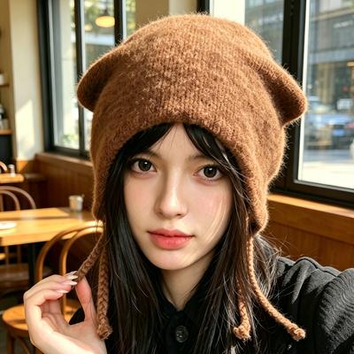 Shirina Soft Bear Ears Knitted Hat Autumn and Winter Atmosphere Show Small Warm Face Stacked Wool Hat