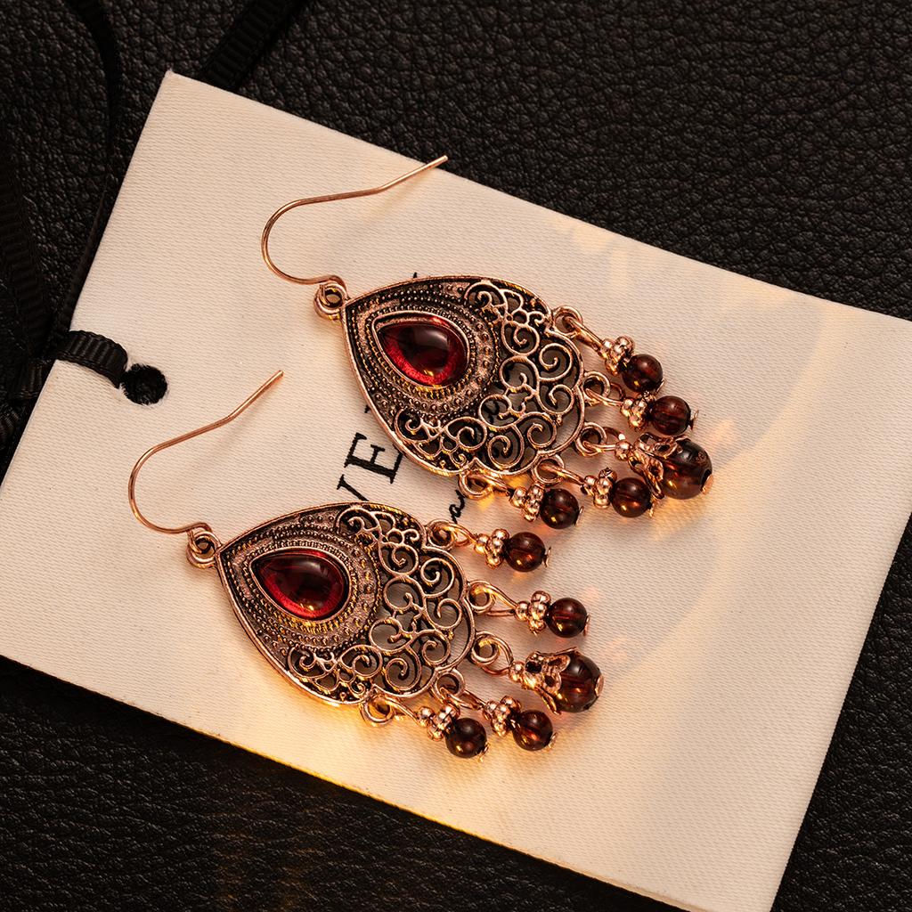 Boucles d'oreilles bohèmes rétro rouges à pampilles motif goutte d'eau, bijoux d'oreille tempérament haut de gamme vintage